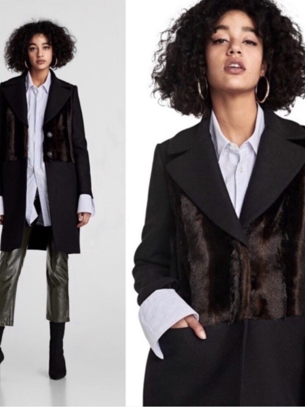 Zara Wool Blend Faux Fur Contrast Overcoat Size Small